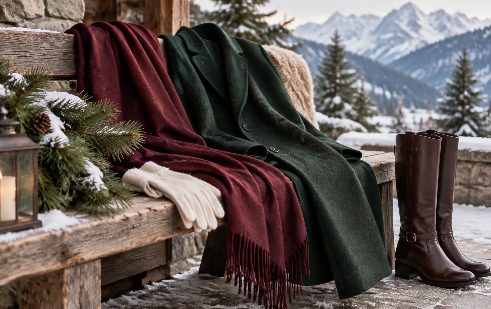 Manteau vert sapin et étole bordeaux posés sur un banc de bois face aux montagnes enneigées